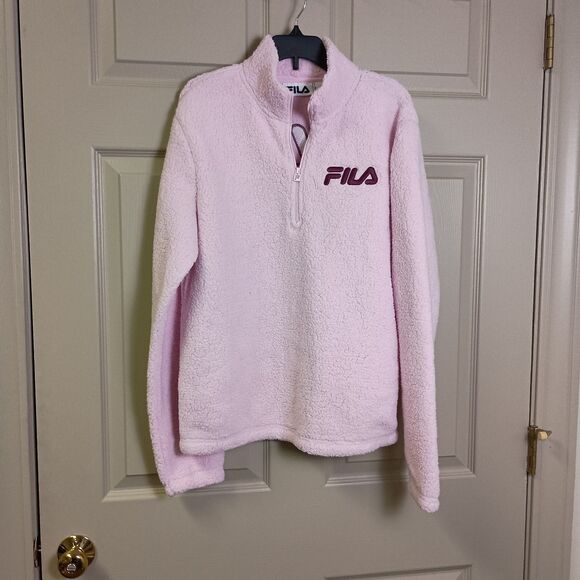 FILA Womens Pullover Sweater Size Medium Pink 1/4 Zip Fuzzy Spellout - Picture 1 of 4